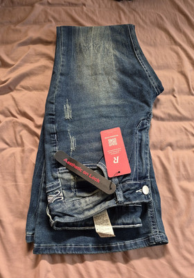 ROMWE Flared Jeans Blue Medium Wash Embroidered Distressed Denim 5-Pocket