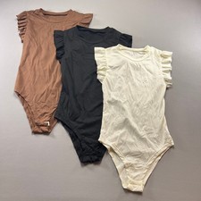 Set Of 3 Womens Bodysuits Small Multi Stretch Ribbed Ruffle Shoulder Round Neck