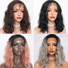 Ombre Color Short Bob Wavy Synthetic Lace Front Wigs Heat Resistant Black Women