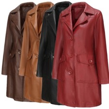 Spring Autumn Long Soft Faux Leather Coat Women Buttons Lapels Jacket Parka New