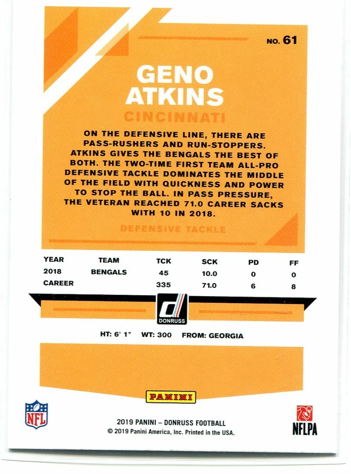 2019 DONRUSS RED PRESS PROOF GENO ATKINS CINCINNATI BENGALS PARALLELS - A2066 - Image 2 of 2