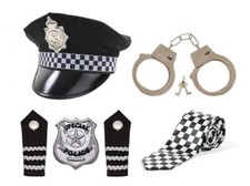 5pc Police Fancy Dress Accessories Cop Outfit Hat Badge Handcuffs Tie Epaulettes