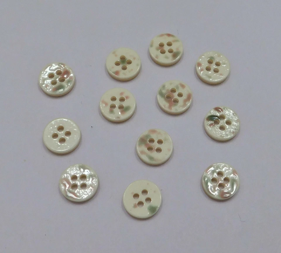 Set 12 Vintage Pastel Aqua Peach Iridescent Shell Buttons Tiny 3/8" 4-Hole Flat - Image 4 of 4