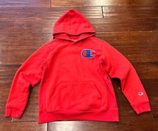 Champion Red Boys Girls Large Embroidered Sleeve Logo Pockets Hoodie Sweatshirt