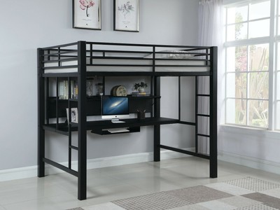 Black Metal Full Loft Youth Bunk Bed Desk Workstation Bedroom