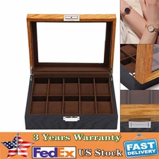 Mens 10 Grids Wooden Watch Display Case Collection Storage Holder Cases W/Lock