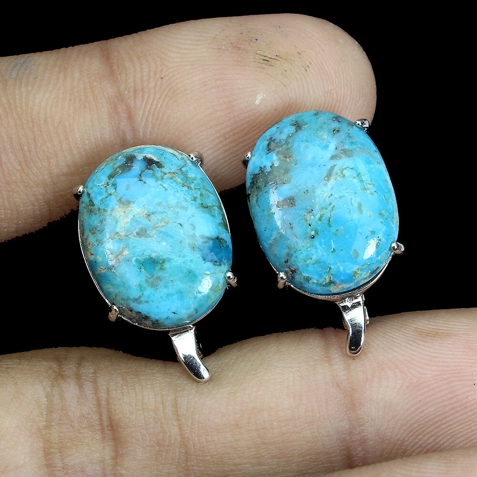 925 Sterling Silver Earrings Oval Turquoise 18x14mm Gemstone Jewelry - Image 2 of 4