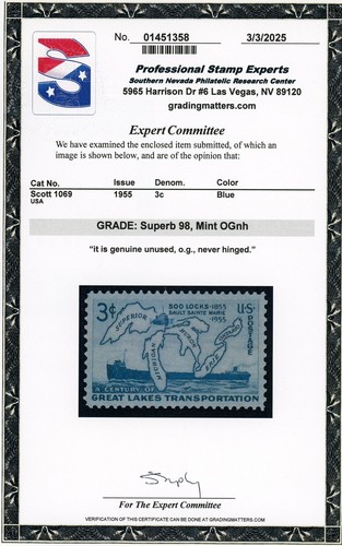 US Stamp #1069 Great Lakes Transport 3c - PSE Cert - SUP 98 - MNH - SMQ $70.00 - Picture 2 of 2