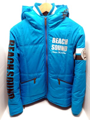 Beach Sound Puffer Insulated Hoodie Graphic Jacket, Blue, Size M, Pre-Owned