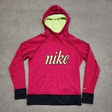 Nike Therma Fit Pullover Hoodie Womens Large Pink Thumb Holes Spellout Logo