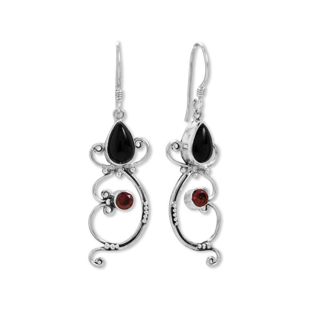 Black Onyx and Garnet Handmade Bali Dangle Earrings Sterling Silver Black Onyx and Garnet Handmade Bali Dangle Earrings Sterling Silver