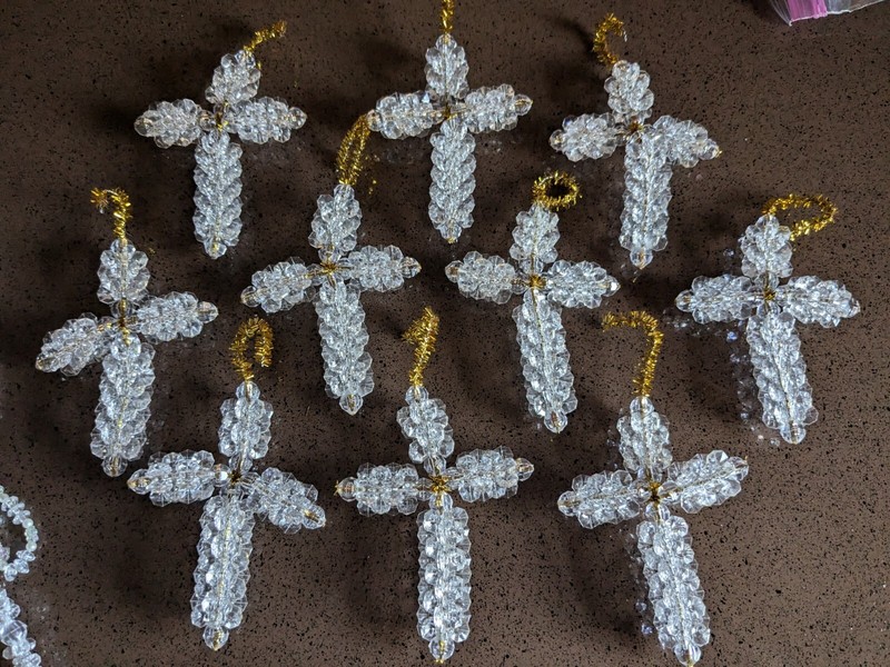VTG Mid Century Hand Beaded Christmas Ornaments White Gold Crosses, White Angels