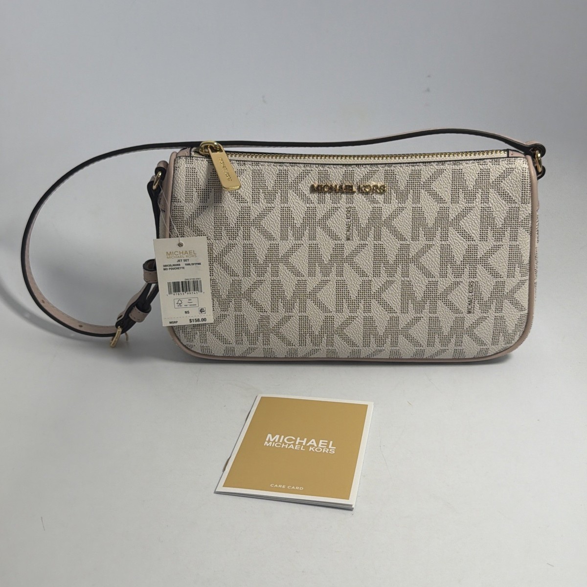 Michael Kors Jet Set Vanilla Soft Pink MK Logo MD Pouchette New W