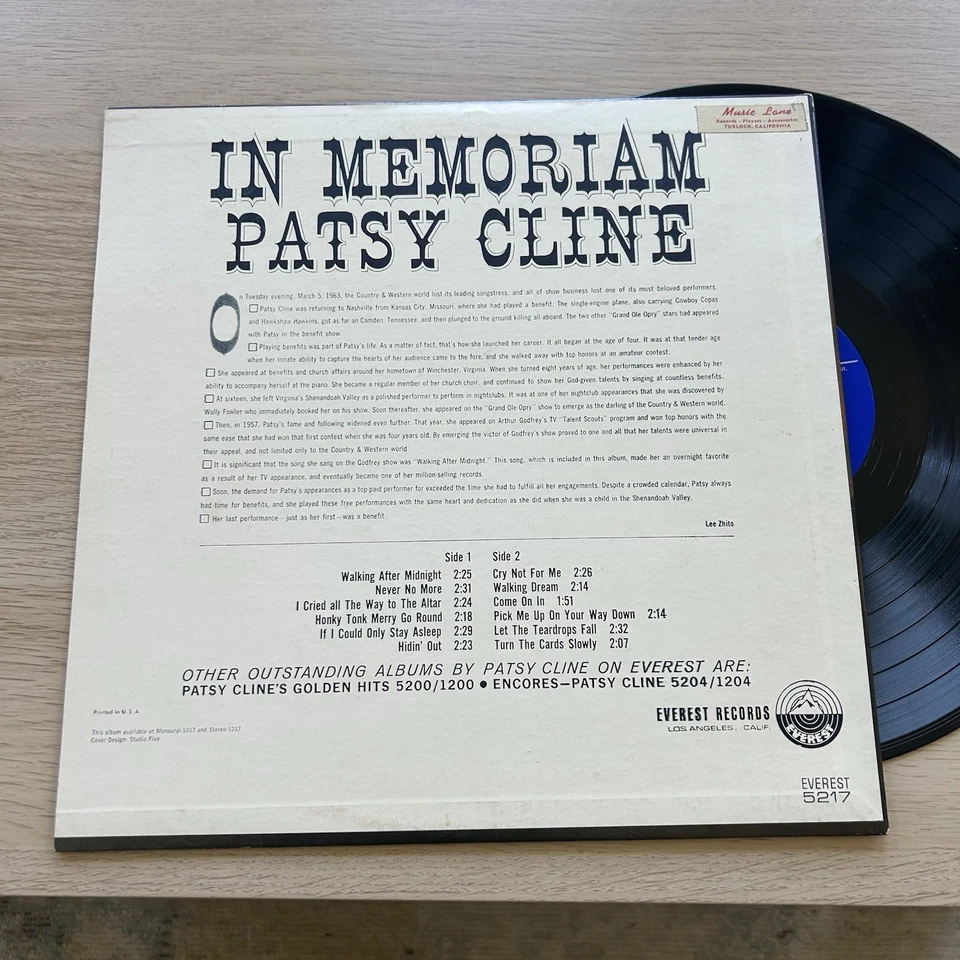PATSY CLINE 1st Pressing US in memoriam EVEREST 12" LP 33 RPM Foto 3 de 3