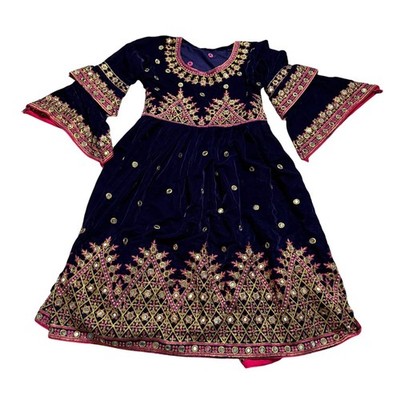 Afghan Velvet Mirror-Work Embroidered Midi Dress Flared Sleeves Royal Blue/Purpl  | eBay