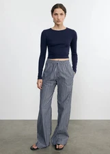 ENZA COSTA Supima Cotton Long Sleeve Cropped Top Navy M $125 E1 286