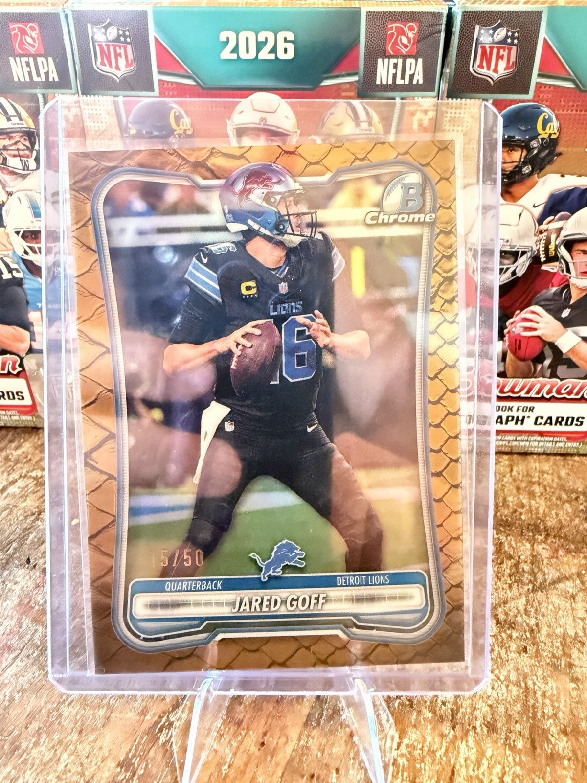 2026 Bowman #BCV-31 Jared Goff Chrome Gold Reptilian Refractor #15/50 Lions NFL