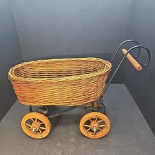 Vintage Wicker Rattan Doll Stroller. Wood Wheels & Handle. Iron Frame. 12L X 6W