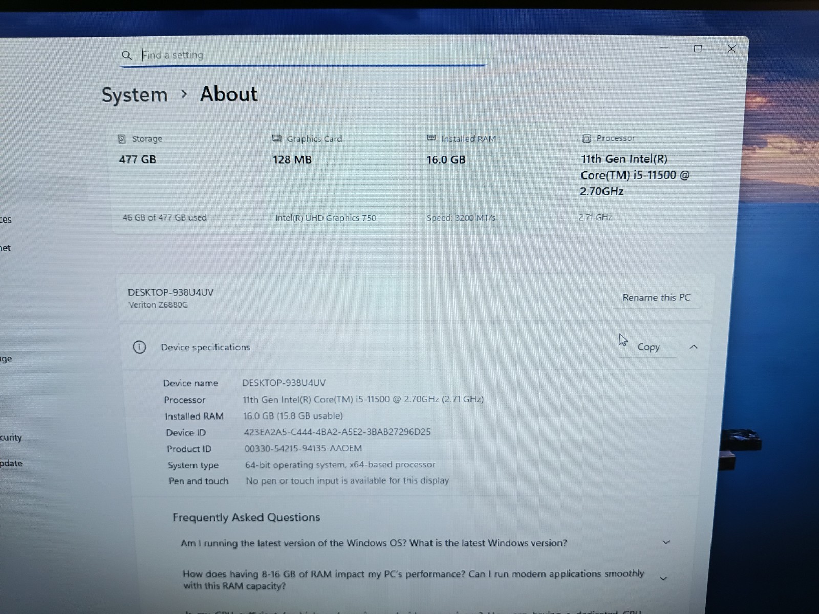Acer Veriton Z6880G 23.8-inch all-in-one Intel Core i5-11500,16GB, 512GB SSD,Win
