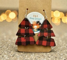 Red Buffalo Plaid Christmas Tree Earrings Handmade Earrings Holiday Dangle