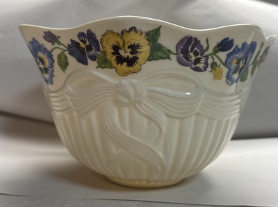 #ad Belleek Enchanted Garden 8quot; Porcelain Bowl Made In Ireland Pansies Bow Ribbing $26.50