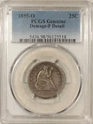 1855-O SEATED LIBERTY QUARTER - PCGS GENUINE DAMAGE-F DETAIL, SCARCE!