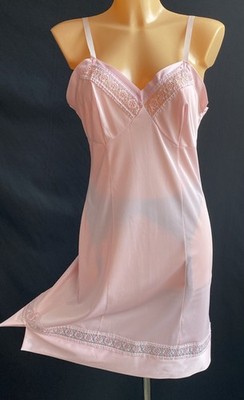 M&S Vintage Full Slip Petticoat Pink Slippery Sheer Nylon Embroidered, UK 12
