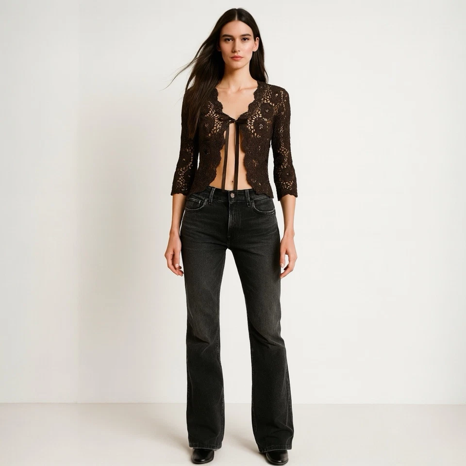 Top Vintage Crochet XS Marrón Corbata Frontal Transparente Capricho Boho Años 90 Y2K Joseph A Foto 2 de 4