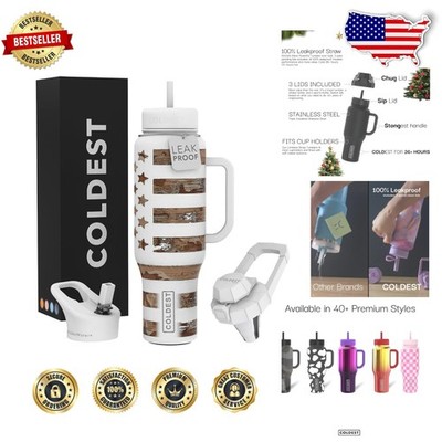 Coldest 46oz Tumbler Patriot w/ Handle & Straw - 100% Leak Proof Insulated Tr...