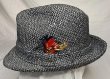 STETSON Equalizer Fedora Hat Size M Gray Tweed Wool Feather Vintage Made In USA