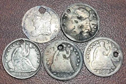 (5) CULL Holed 1834-1854 Capped Bust & Seated Liberty Half Dime 5c Silver Coins