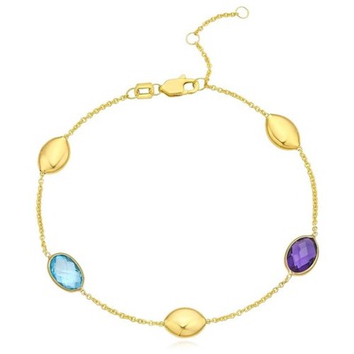 14K Yellow Gold Beaded Bracelet with Amethyst & Blue Topaz (Solid Links) 7.5''  