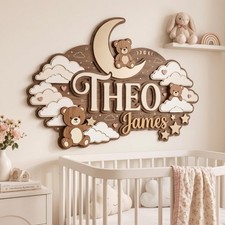 Personalized Celestial Wood Name Sign, Wooden Cloud Nursery Plaque, Baby Gift