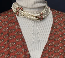 Vintage Kenneth Jay Lane Multistrand Faux Coral and Pearl Choker KJL Signed 16” 