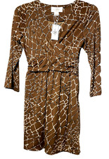 JB Julie SMALL Brown Crackle Mini Faux Wrap Dress Long Sleeve Jersey NWT