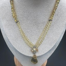 Vintage Yellow Faceted Crystal Beaded Necklace with Teardrop Pendant 16''