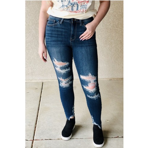 Jeans JUDY BLUE Talla 5/27 Azul Piper Calce Ajustado Denim Envejecido Dobladillo Crudo Tobillo - Imagen 1 de 9