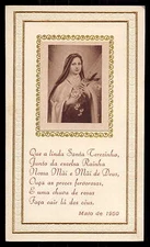 ST THERESE LISIEUX w/ CRUCIFIX & ROSES Vtg dat.1950 w/ GOLD EMBOSSED HOLY CARD