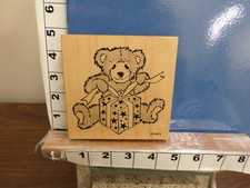 teddy bear stuffed bow present star birthday etched sketched rubber stamp 7r