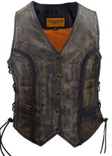 Women's Motorcycle Distressed/brn Classic Braided Biker Vest With Laces