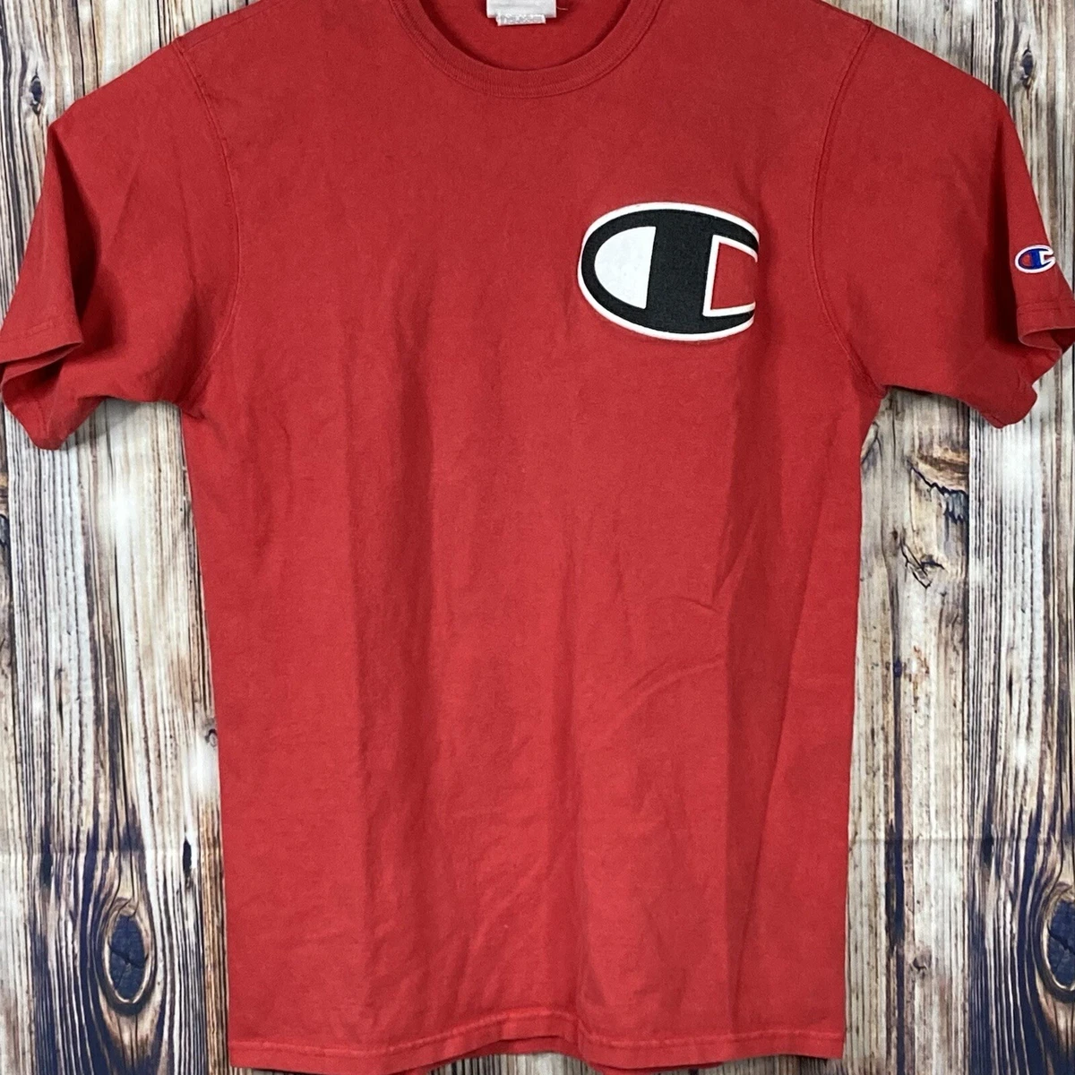 Vintage 70 s Champion Blue Bar T Shirt Red Large Embroidered Chest