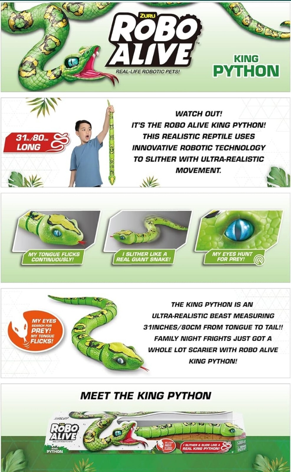 Robo Alive 31 inch King Python Snake Robotic Toy Pet Figure Robot Snake