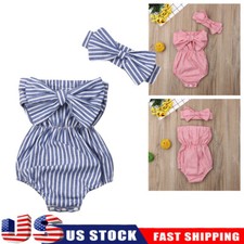 2PCS Newborn Infant Kids Baby Girls Strip Romper Top Bow Headband Summer Outfits