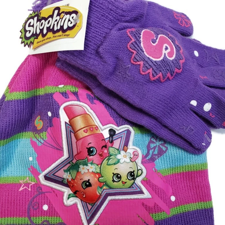 Shopkins Niñas Talla Única Púrpura y Rosa Rayas Escandinavo Sombrero y Guantes Regalo Foto 4 de 4