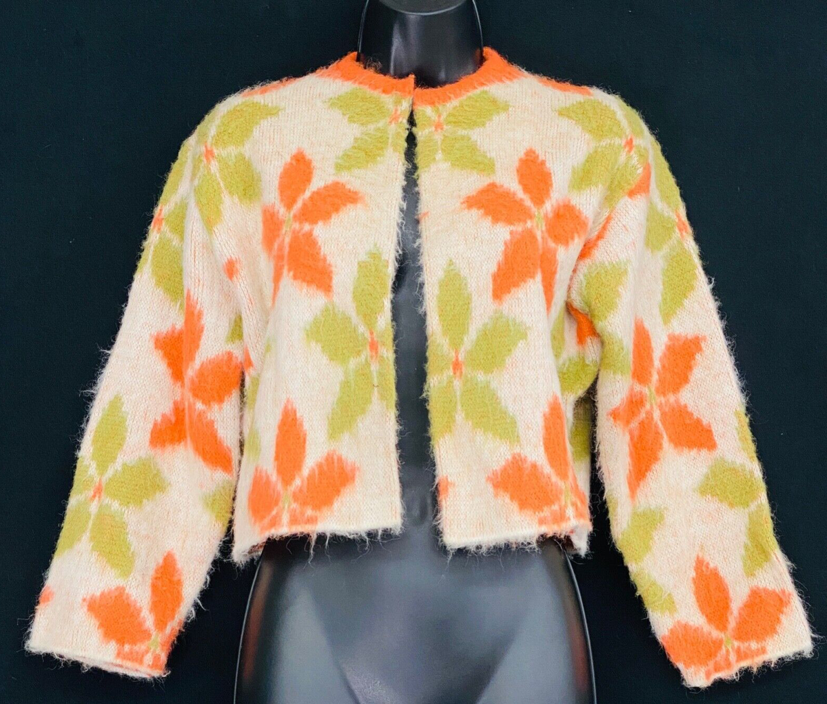 Vintage 1960s orange green floral cardigan sweater knit crop top