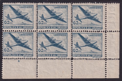 URUGUAY AIRMAIL OR AIRPOST C156 62c x 6 MINT NH VG HORIZ BLK OF 8 with SOME SEPA