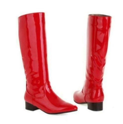 Womens Patent Leather Mid Calf Boots Nightclub Pointed Toe Party Knee High Shoes - Picture 9 of 18