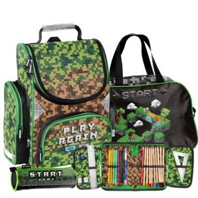 Gaming Play Game Pixel Schulranzen Ranzen  Schulrucksack Set Brotdose Mineckraft