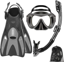 Snorkeling Gear for Adults Mask Fins Snorkel Set Panoramic View Anti-Fog Black