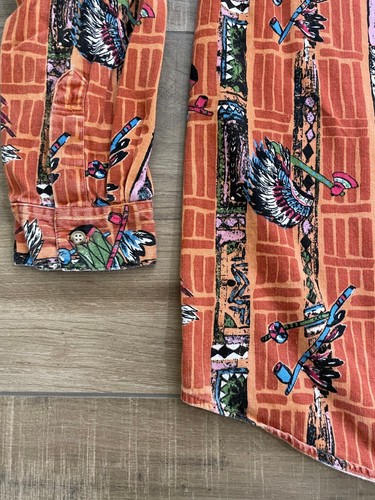 Guess Shirt Mens L Corduroy Orange USA Native American Indian Drum Pipe RARE 90s - Picture 3 of 18